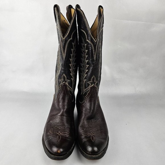VTG Tony Lama Men 10.5 Chocolate Leather Cowboy Western Pointed Toe Boot TwoTone - Picture 3 of 6